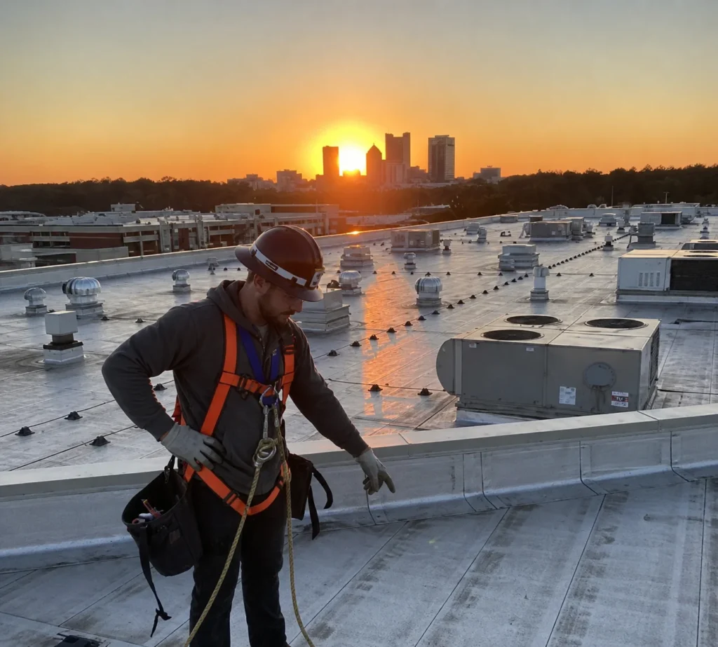 rooftop worker at sunset with skyline 1.webp